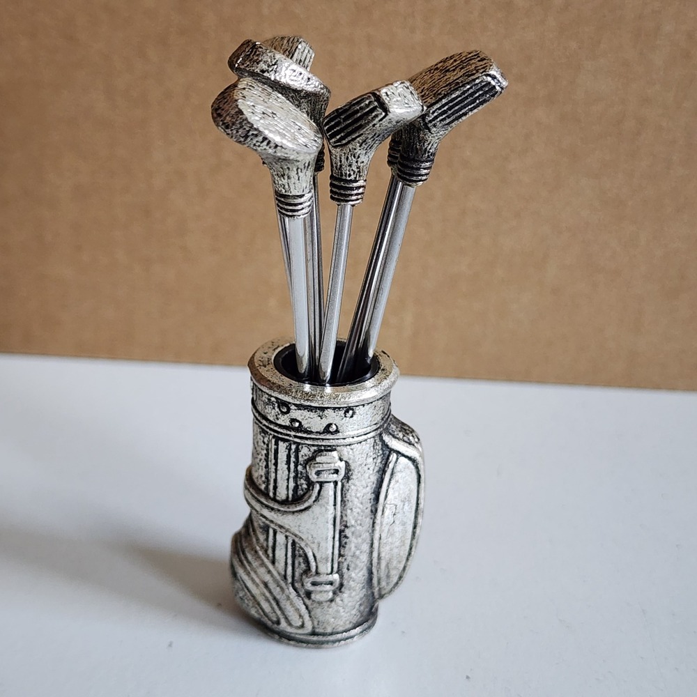 Golf Club Cocktail Picks Set w Holder Vintage Barware Appetizer Forks Retro